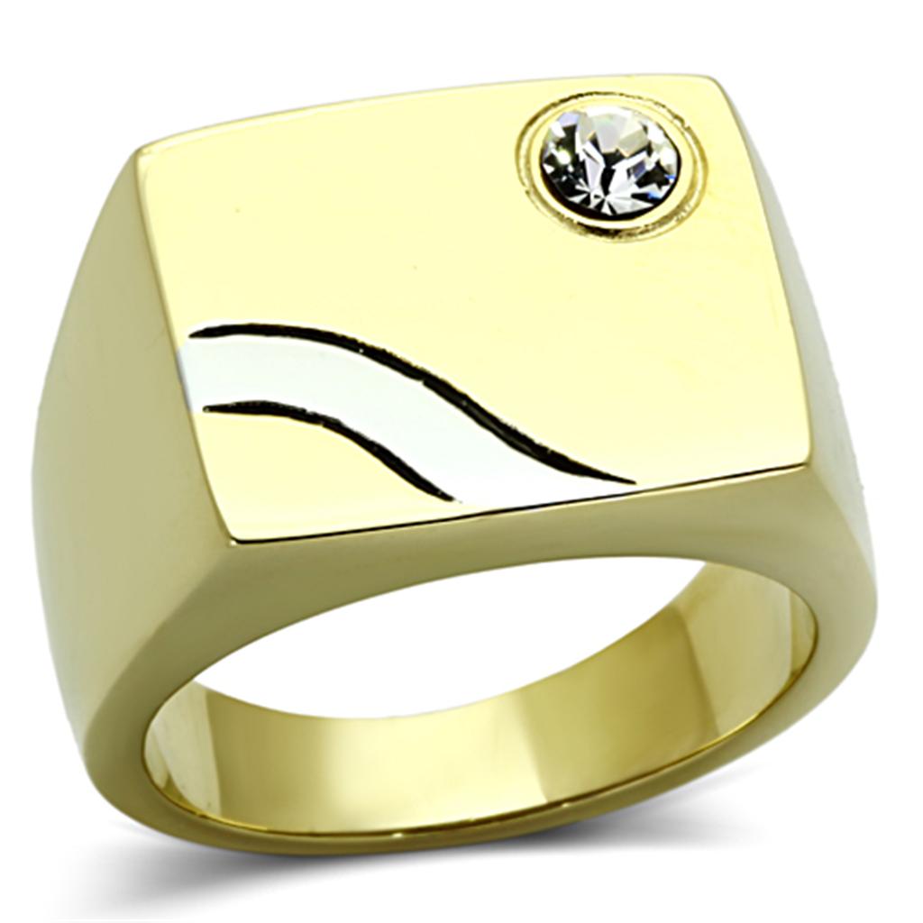 Men's stainless steel ring with two-tone IP gold finish and clear synthetic crystal, showcasing modern elegance.