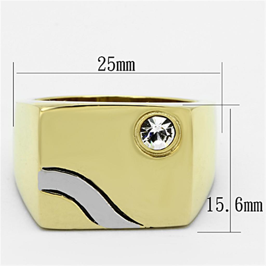 Men's stainless steel ring with two-tone IP gold finish and clear synthetic crystal, showcasing modern elegance.