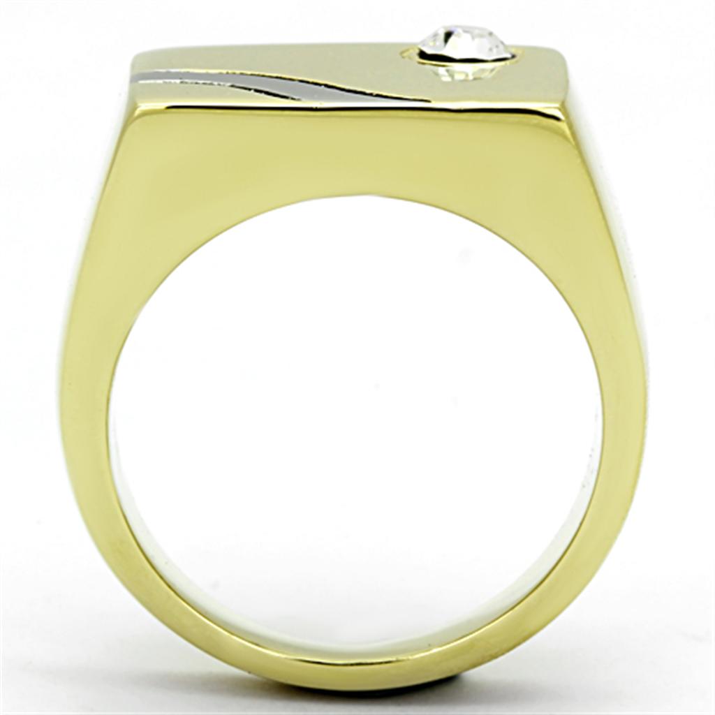 Men's stainless steel ring with two-tone IP gold finish and clear synthetic crystal, showcasing modern elegance.