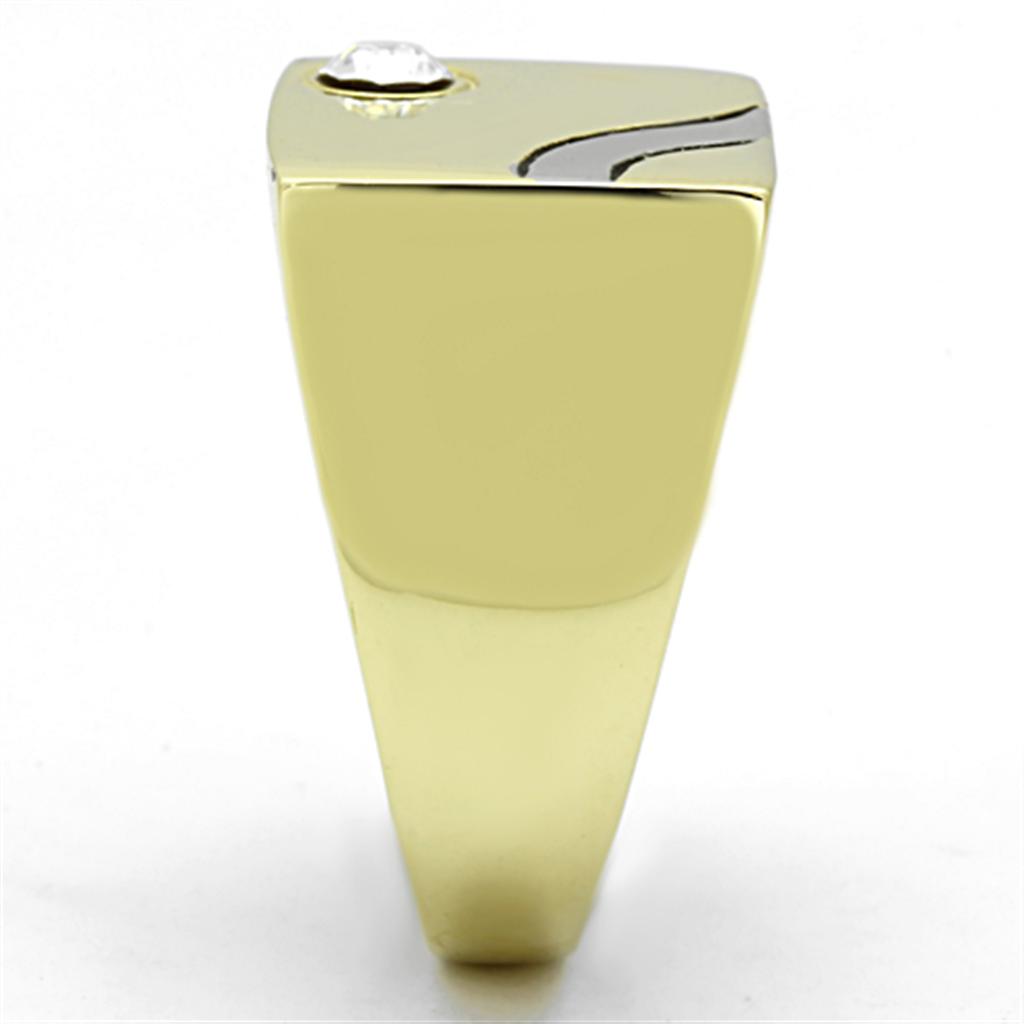 Men's stainless steel ring with two-tone IP gold finish and clear synthetic crystal, showcasing modern elegance.