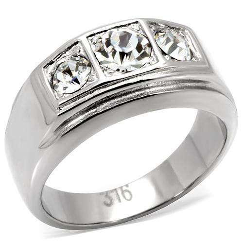 Men's stainless steel ring featuring a clear synthetic crystal centerpiece, high-polished finish, and modern design.