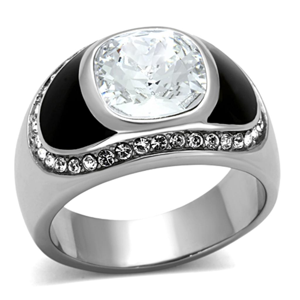 Men's stainless steel ring featuring a clear synthetic crystal, high-polished finish, and modern design.