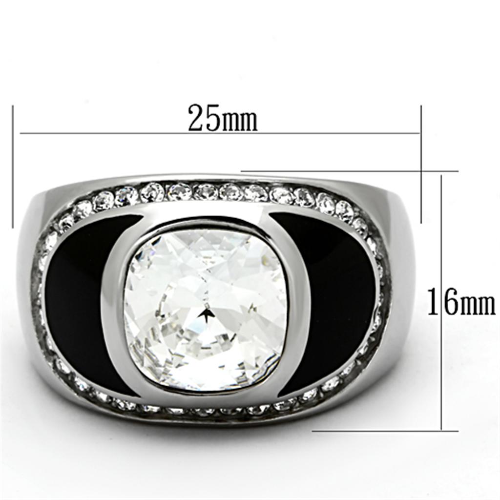 Men's stainless steel ring featuring a clear synthetic crystal, high-polished finish, and modern design.