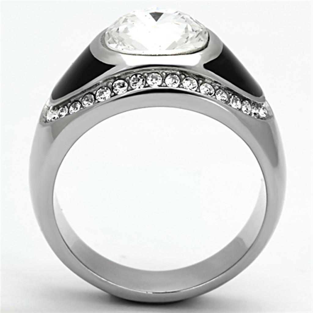 Men's stainless steel ring featuring a clear synthetic crystal, high-polished finish, and modern design.