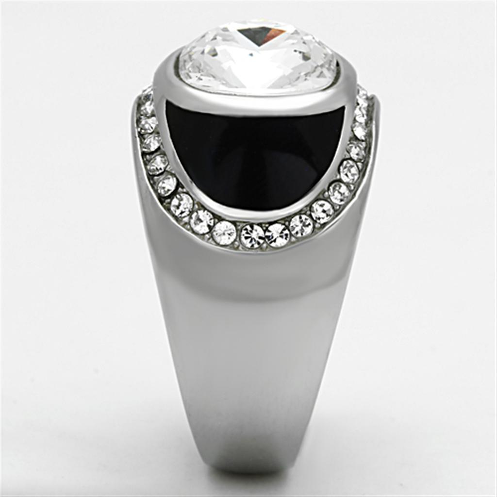 Men's stainless steel ring featuring a clear synthetic crystal, high-polished finish, and modern design.