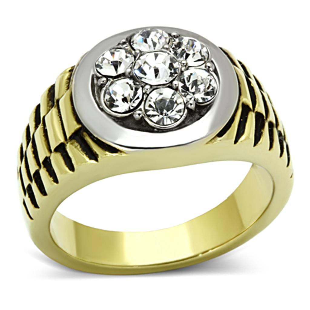 Men's stainless steel ring featuring a two-tone gold finish and a clear synthetic crystal, showcasing elegance and durability.