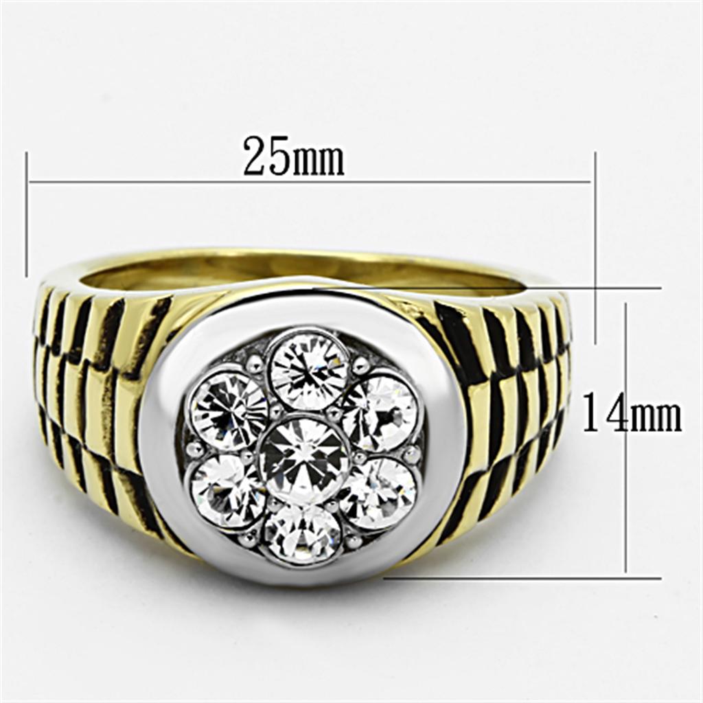 Men's stainless steel ring featuring a two-tone gold finish and a clear synthetic crystal, showcasing elegance and durability.