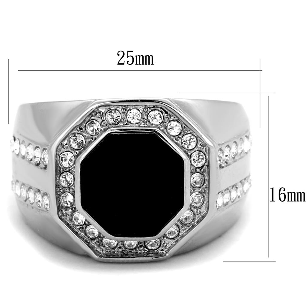 Men's stainless steel ring featuring a clear synthetic crystal centerpiece with a high-polished finish.