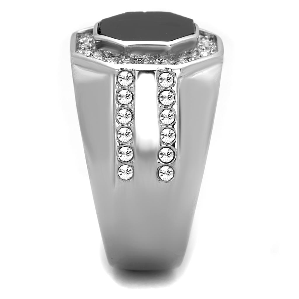 Men's stainless steel ring featuring a clear synthetic crystal centerpiece with a high-polished finish.