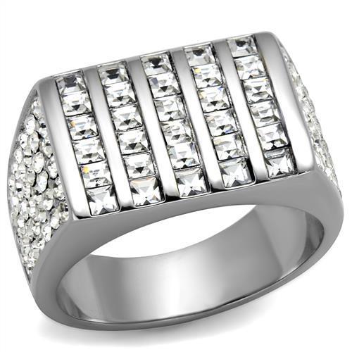 Men's stainless steel ring featuring a clear synthetic crystal, high-polished finish, and elegant design.