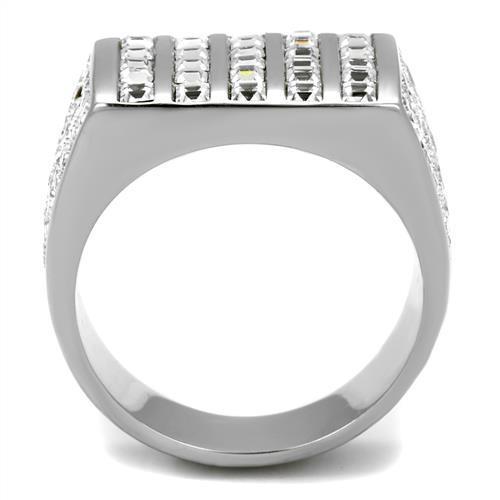 Men's stainless steel ring featuring a clear synthetic crystal, high-polished finish, and elegant design.