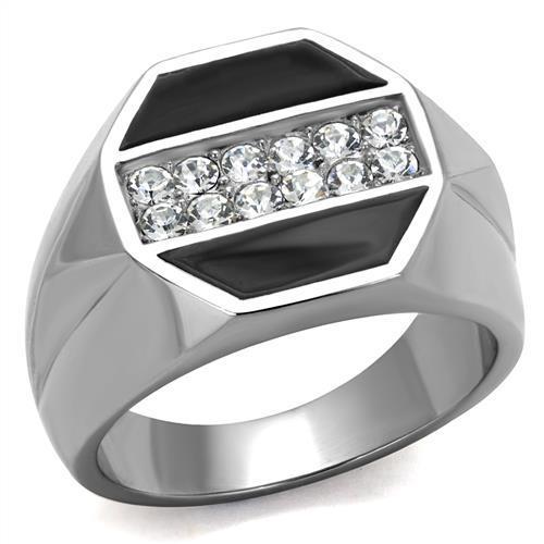 Men's stainless steel ring featuring a clear synthetic crystal, high-polished finish, and modern design.