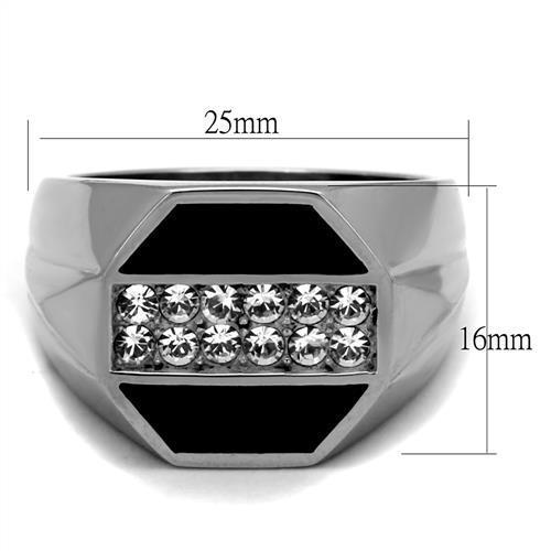 Men's stainless steel ring featuring a clear synthetic crystal, high-polished finish, and modern design.