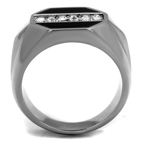 Men's stainless steel ring featuring a clear synthetic crystal, high-polished finish, and modern design.