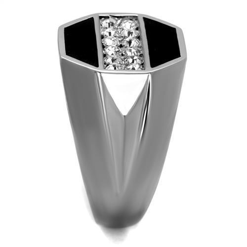 Men's stainless steel ring featuring a clear synthetic crystal, high-polished finish, and modern design.