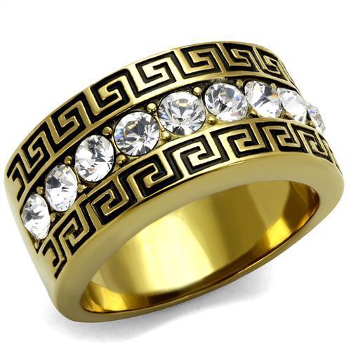 Men's stainless steel ring with clear synthetic crystal and IP gold ion plating, showcasing a modern and elegant design.