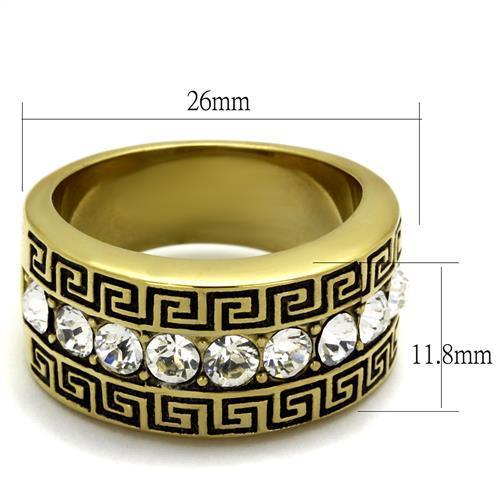 Men's stainless steel ring with clear synthetic crystal and IP gold ion plating, showcasing a modern and elegant design.