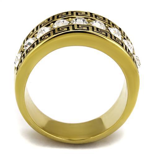 Men's stainless steel ring with clear synthetic crystal and IP gold ion plating, showcasing a modern and elegant design.