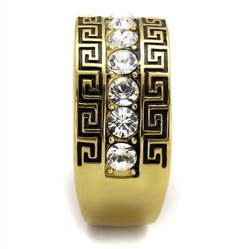 Men's stainless steel ring with clear synthetic crystal and IP gold ion plating, showcasing a modern and elegant design.