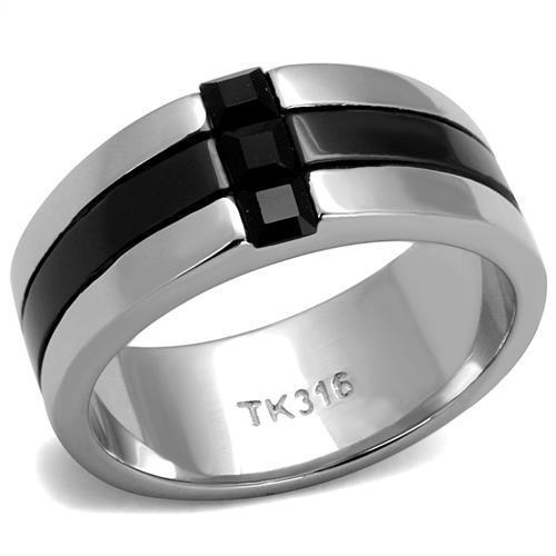 Men's stainless steel ring featuring a high-polished finish and a jet synthetic crystal centerpiece, showcasing elegance and durability.