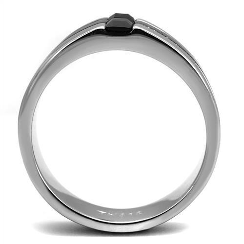 Men's stainless steel ring featuring a high-polished finish and a jet synthetic crystal centerpiece, showcasing elegance and durability.