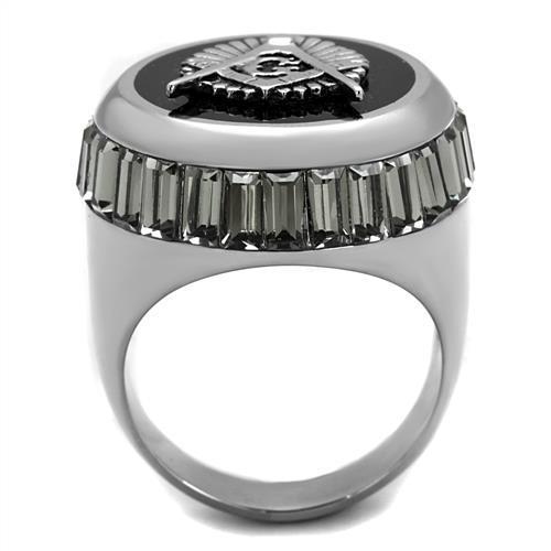 Men's stainless steel ring featuring a high-polished finish and a jet synthetic crystal centerpiece, showcasing elegance and durability.