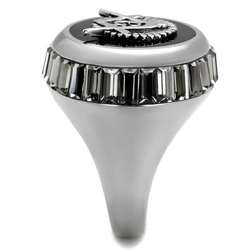 Men's stainless steel ring featuring a high-polished finish and a jet synthetic crystal centerpiece, showcasing elegance and durability.