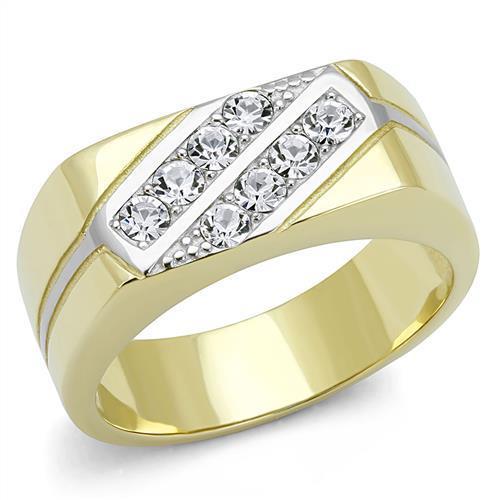 Men's stainless steel ring with synthetic crystal and two-tone gold ion plating, showcasing elegance and durability.