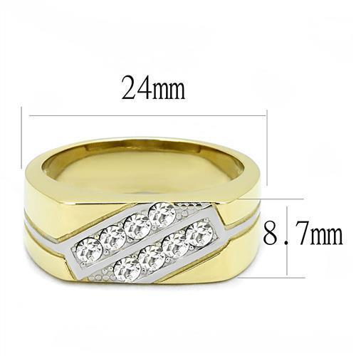 Men's stainless steel ring with synthetic crystal and two-tone gold ion plating, showcasing elegance and durability.