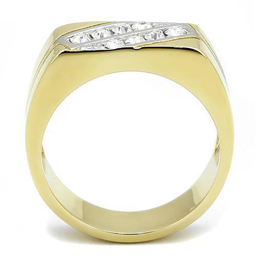 Men's stainless steel ring with synthetic crystal and two-tone gold ion plating, showcasing elegance and durability.