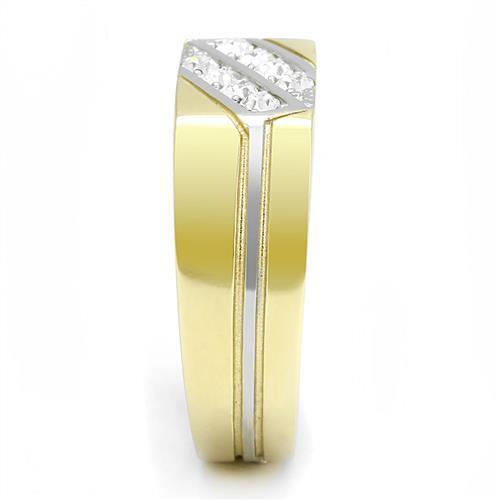 Men's stainless steel ring with synthetic crystal and two-tone gold ion plating, showcasing elegance and durability.