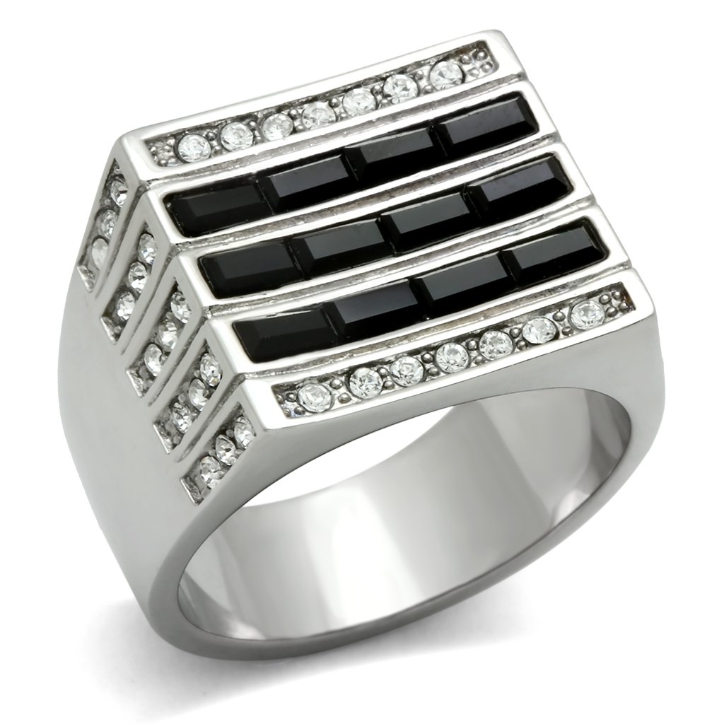 Men's stainless steel ring with synthetic crystal in jet color, featuring a high-polished finish and oblong shape.