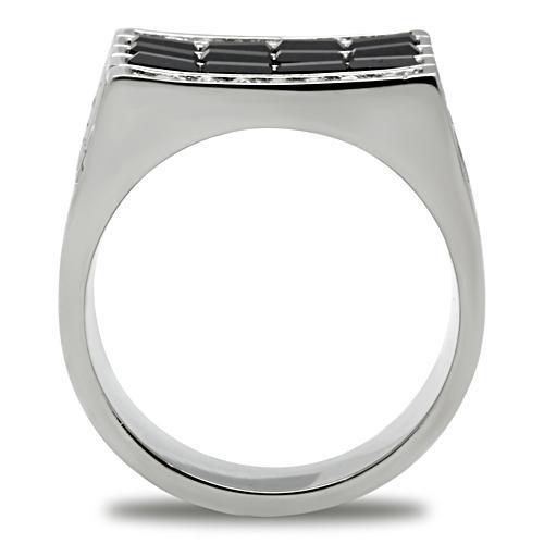 Men's stainless steel ring with synthetic crystal in jet color, featuring a high-polished finish and oblong shape.