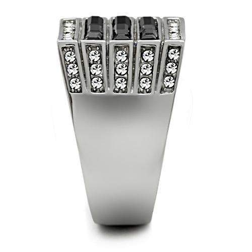 Men's stainless steel ring with synthetic crystal in jet color, featuring a high-polished finish and oblong shape.