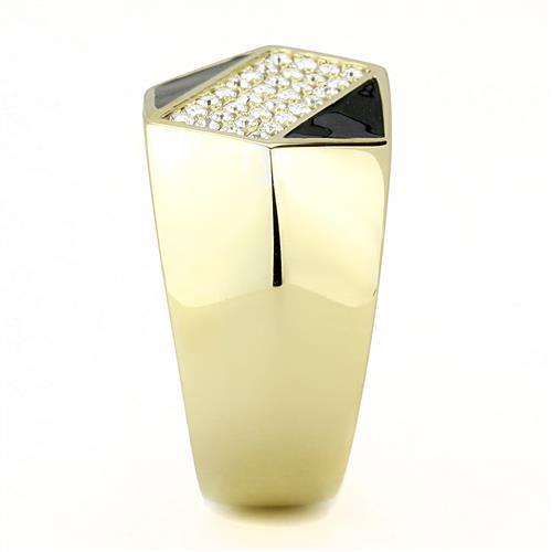 Men's stainless steel ring with synthetic crystal and IP gold finish, showcasing elegance and durability.