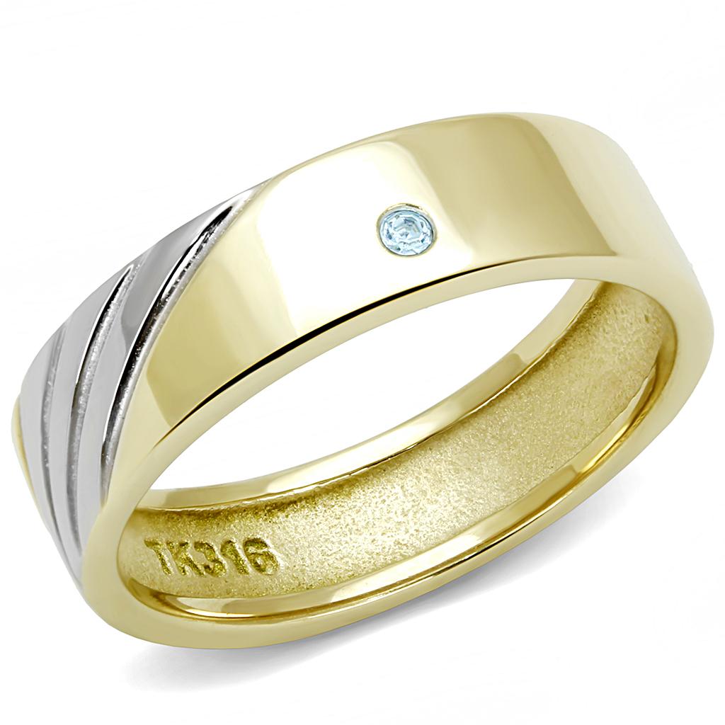 Men's stainless steel ring featuring a sea blue synthetic crystal and two-tone IP gold finish.