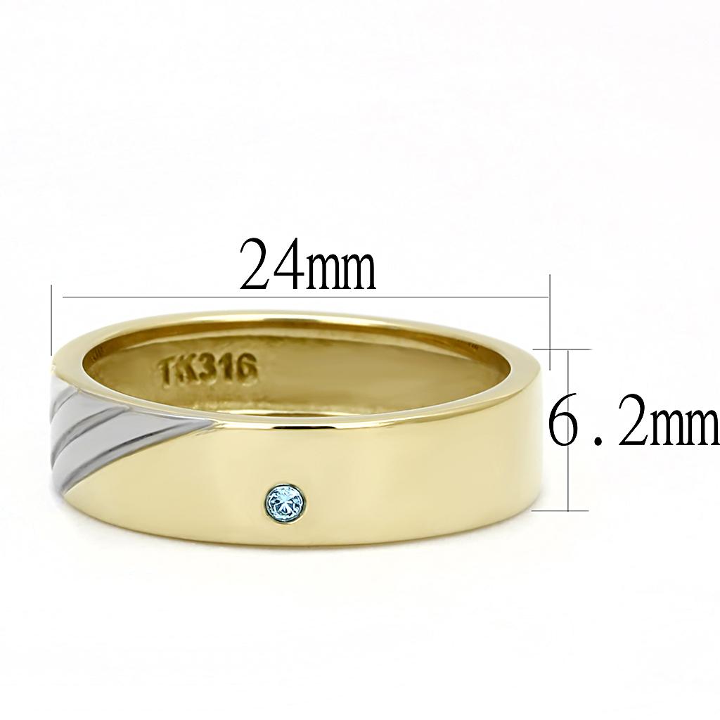 Men's stainless steel ring featuring a sea blue synthetic crystal and two-tone IP gold finish.