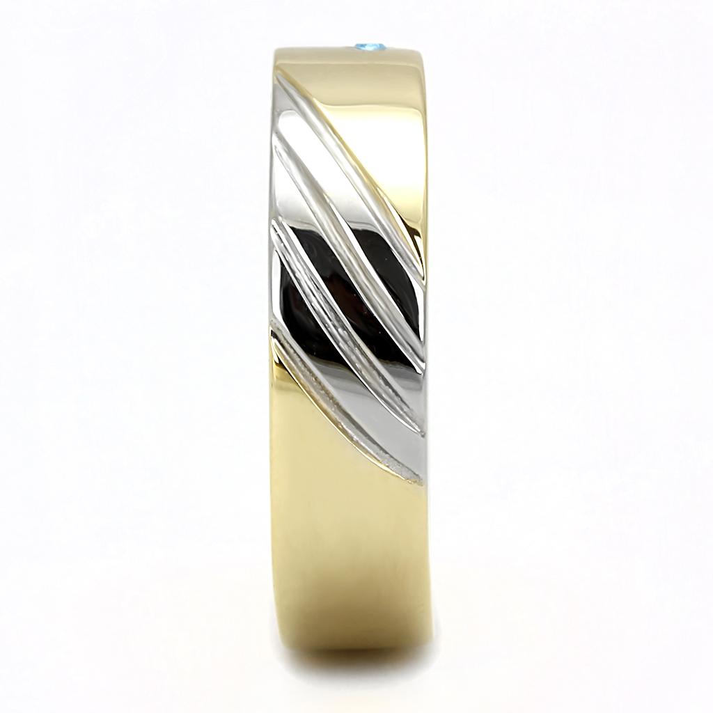 Men's stainless steel ring featuring a sea blue synthetic crystal and two-tone IP gold finish.