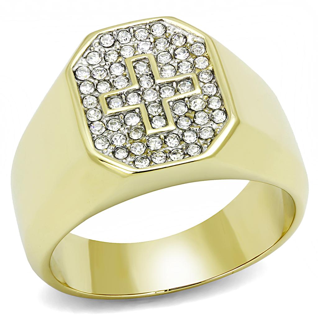 Men's stainless steel ring with synthetic crystal and two-tone gold plating, showcasing elegance and durability.