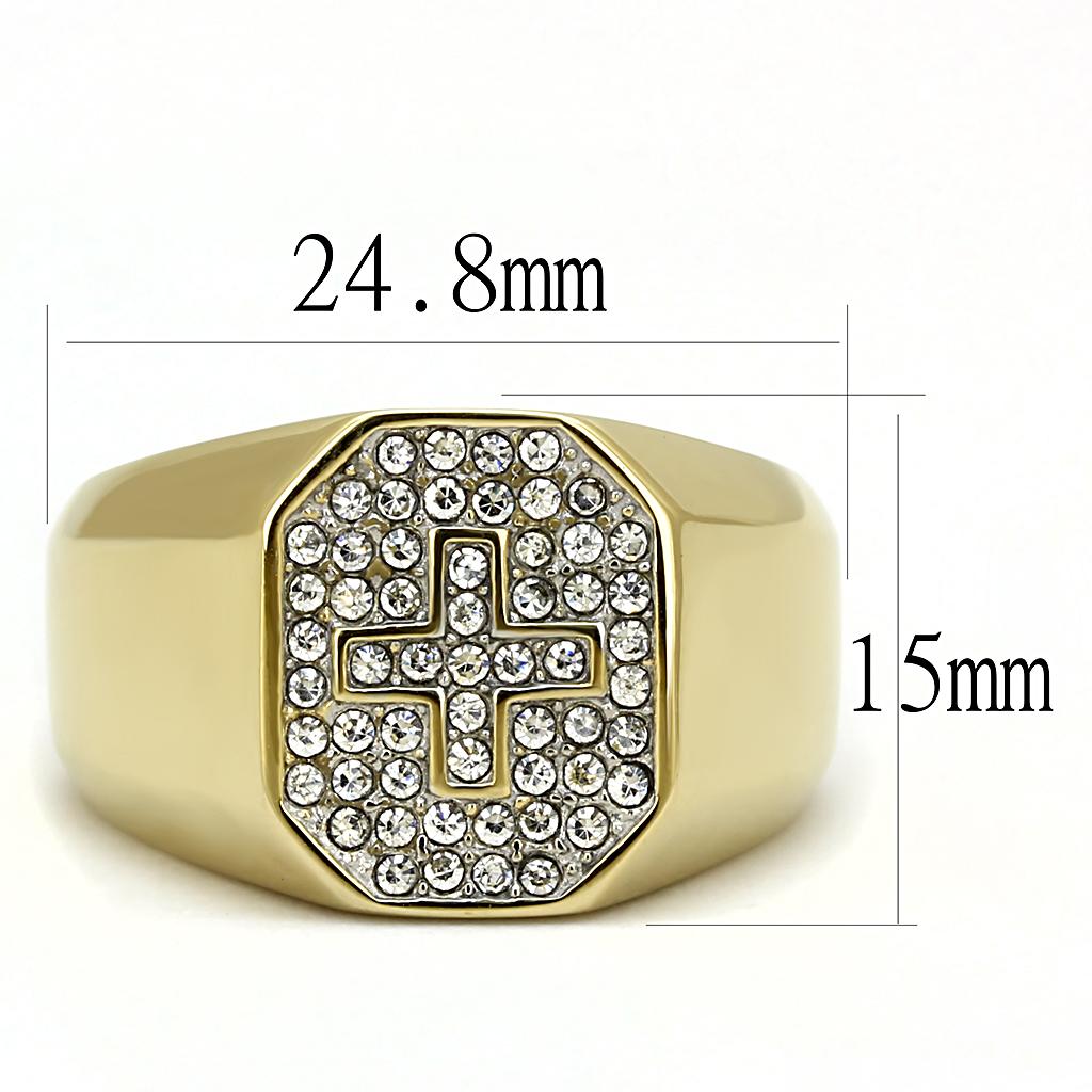 Men's stainless steel ring with synthetic crystal and two-tone gold plating, showcasing elegance and durability.