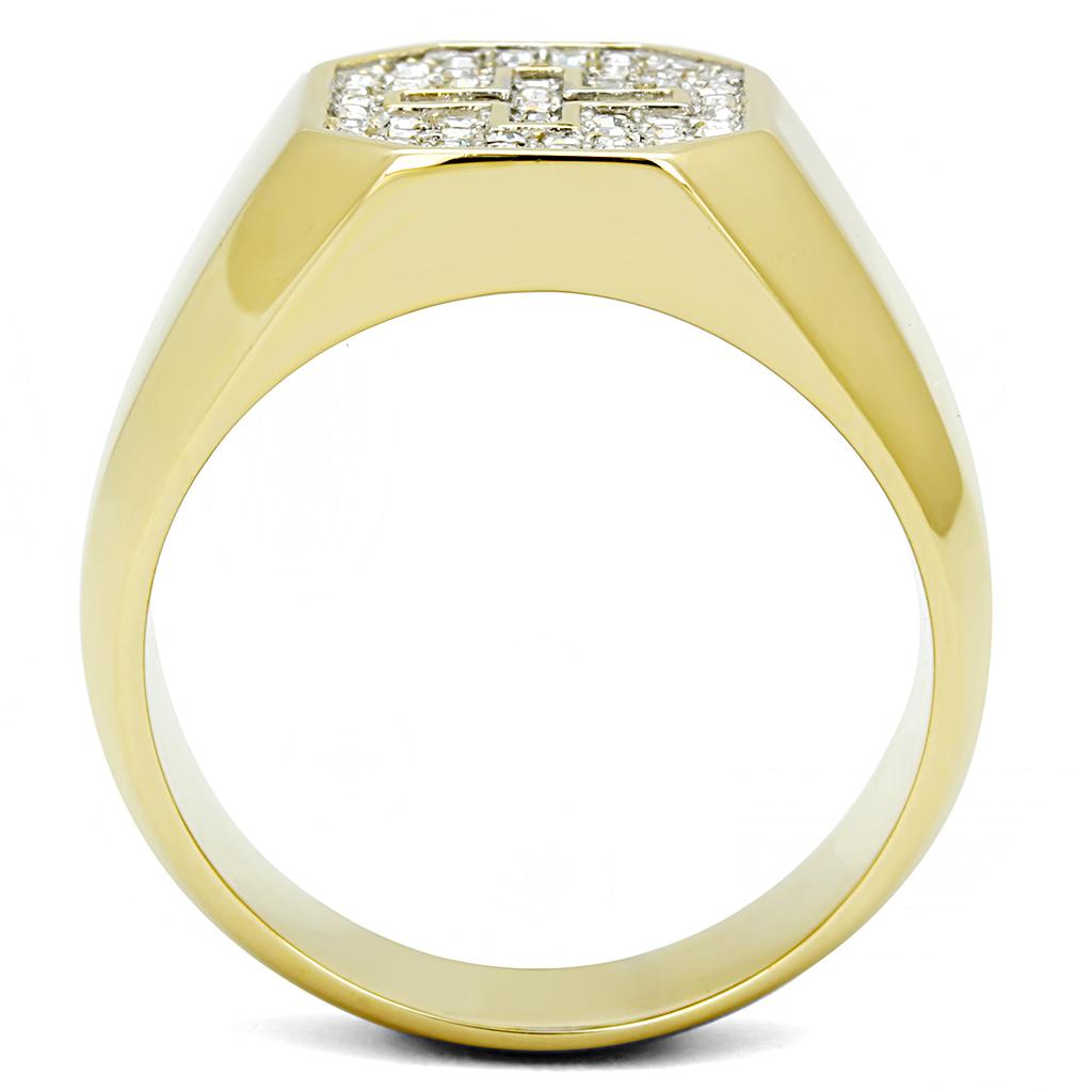 Men's stainless steel ring with synthetic crystal and two-tone gold plating, showcasing elegance and durability.