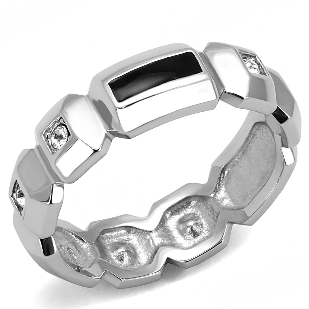 Men's stainless steel ring featuring a clear synthetic crystal centerpiece with a high-polished finish.