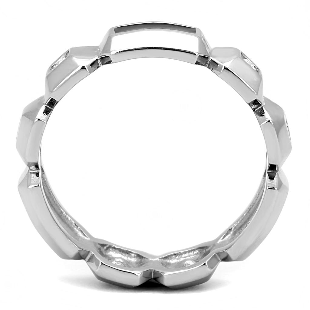 Men's stainless steel ring featuring a clear synthetic crystal centerpiece with a high-polished finish.