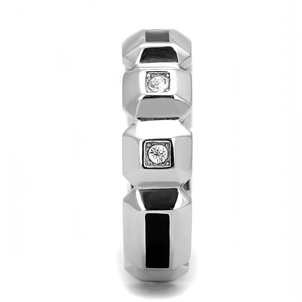 Men's stainless steel ring featuring a clear synthetic crystal centerpiece with a high-polished finish.