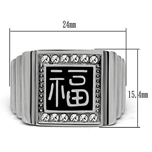 Men's stainless steel ring featuring a high-polished finish and a clear synthetic crystal centerpiece, perfect for stylish occasions.