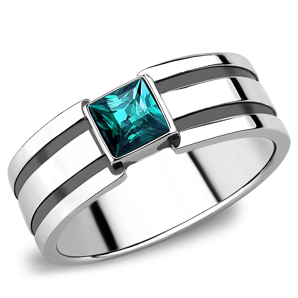 Men's stainless steel ring with a high polished finish and a square blue zircon synthetic crystal centerpiece.