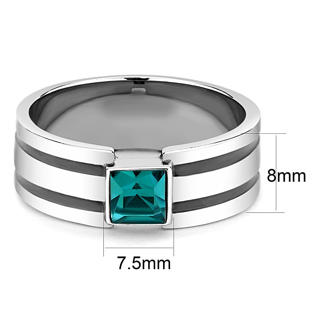 Men's stainless steel ring with a high polished finish and a square blue zircon synthetic crystal centerpiece.