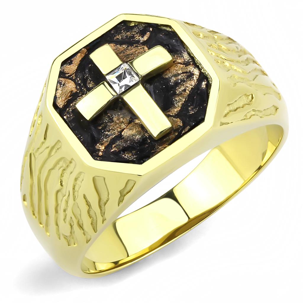 Men's stainless steel ring with synthetic crystal and IP gold plating, showcasing elegance and durability.