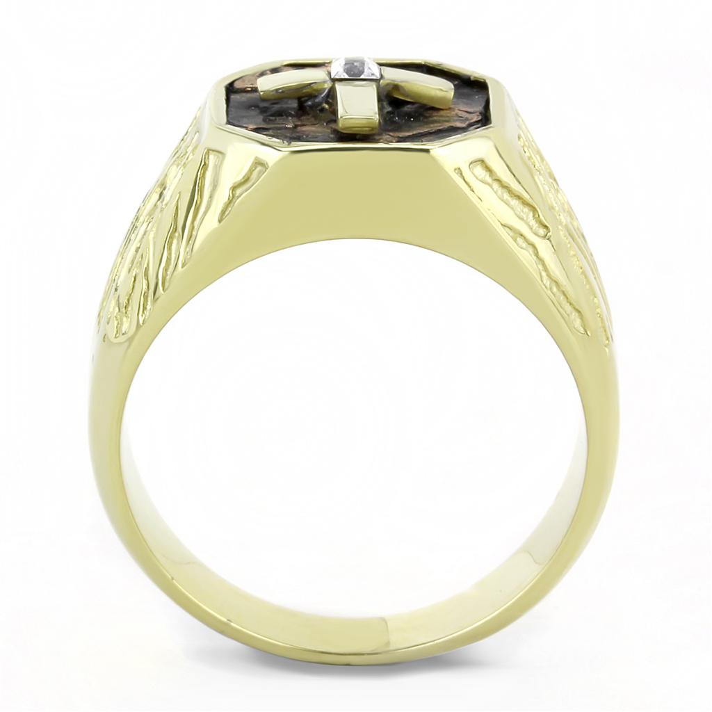 Men's stainless steel ring with synthetic crystal and IP gold plating, showcasing elegance and durability.