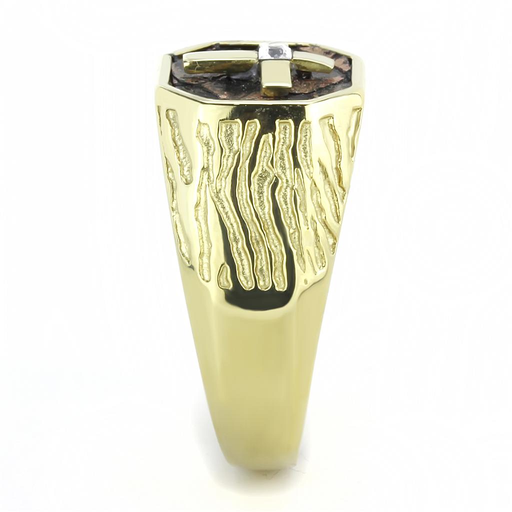 Men's stainless steel ring with synthetic crystal and IP gold plating, showcasing elegance and durability.